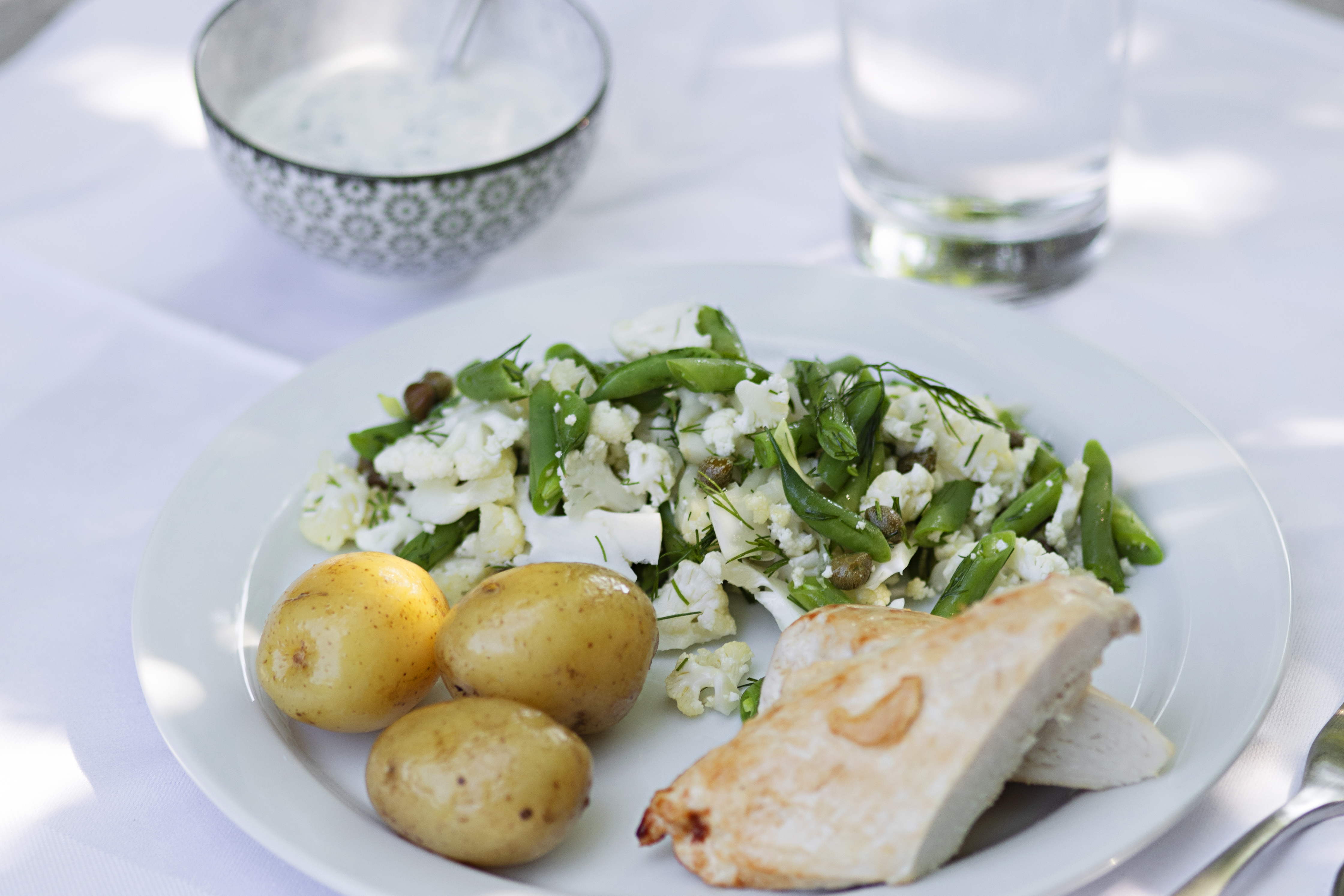 Billede af en t-tallerken med grønt, kartofler og fisk.